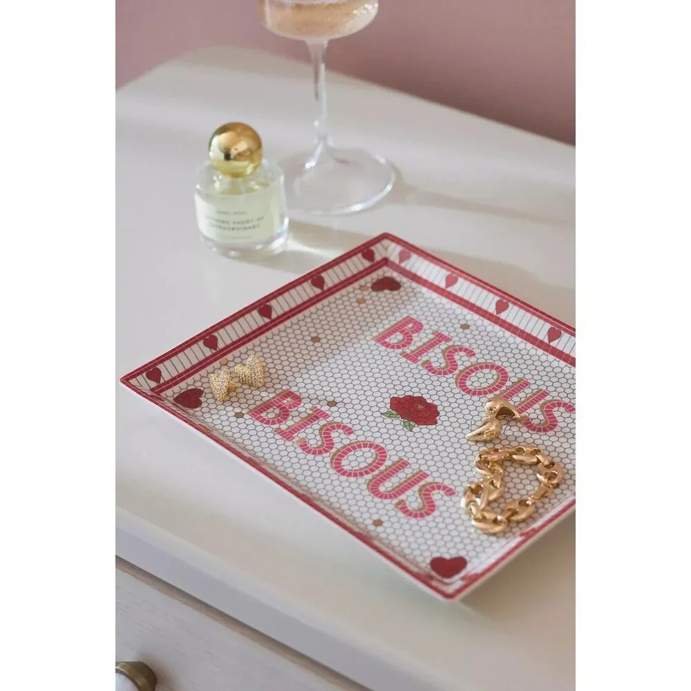 Bistro Tile Stoneware Gold Tone Accent Vanity Tray: Valentine's Edition
